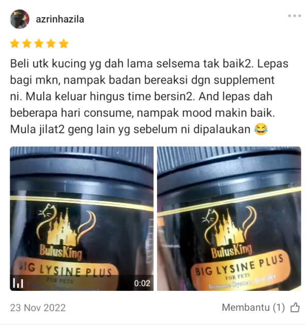 4 UNIT BIG LYSINE BULUSKING TAMBAH SELERA MAKAN KUCING DAN DAN ANJING SELSEMA FLU SUKAR BERNAFAS 250G (Copy) - Image 2